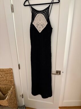 Zara Black Maxi Crochet Dress with Cream Diamond Panel